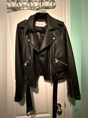 Calvin Klein Black Faux Leather Biker Jacket with Silver Hardware